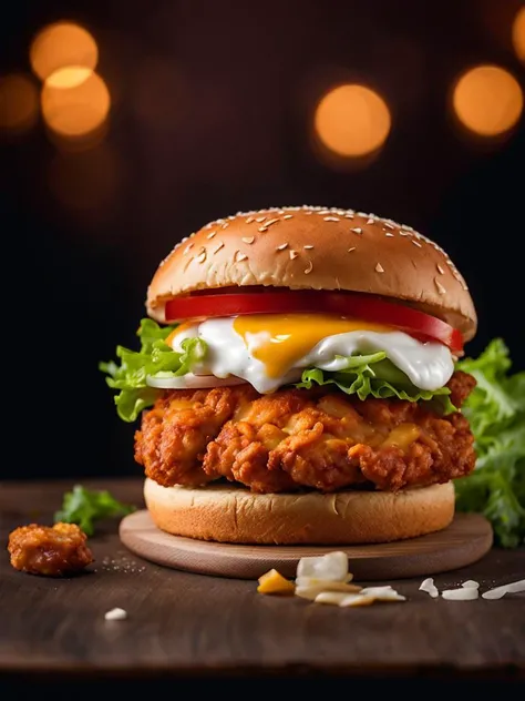 kfc chicken burger with fries, dark background, quality photo, fried chicken, studio photo, smoke