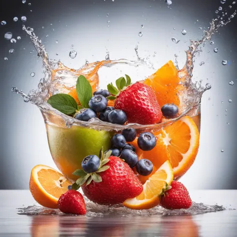 (Cinematic Photo:1.3) of (Realistic:1.3) a studio shot of a (exploding:0.2) (Fruit in low gravity:1.1) (Splashing:0.9) a glass of water with strawberries, oranges and blueberries in it, splash image, full-color, on a canva, splashes of liquid, drinks, a fruit basket, strong red hue, hgh, evokes delight, water swirling, by Fred Marcellino, top selection on unsplash, professional food photography, art photography. black background