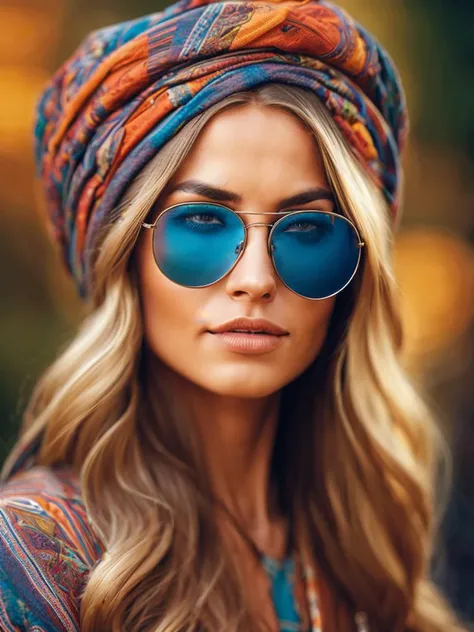 realistic photo, portrait of woman like a hippie from 1970s, high detailed face, high quality, 8k, vivid colors