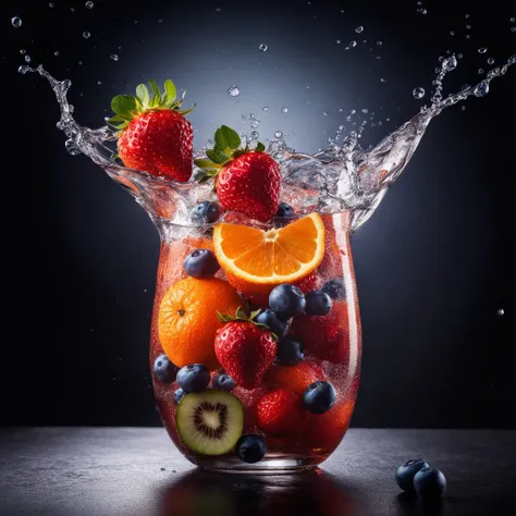 (Cinematic Photo:1.3) of (Realistic:1.3) a studio shot of a (exploding:0.2) (Fruit in low gravity:1.1) (Splashing:0.9) a glass of water with strawberries, oranges and blueberries in it, splash image, full-color, on a canva, splashes of liquid, drinks, a fruit basket, strong red hue, hgh, evokes delight, water swirling, by Fred Marcellino, top selection on unsplash, professional food photography, art photography. black background