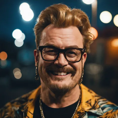 RAW Photo, 1man close up with tattoos dressed like (Trailer Park Boys:1.3) smiling, with glasses, feather dramatic lighting perspective complex background depth of field city, (photorealistic), realistic 8k uhd, high quality, film grain, Fujifilm XT3