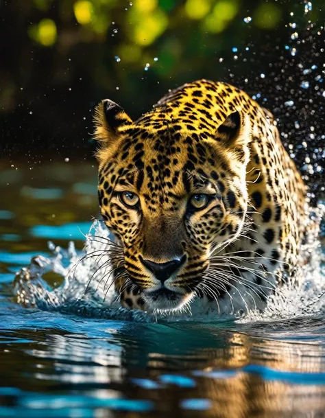 National Geographic award winning nature photography,under water,vibrant caustic lighting,photographic interplay of light and shadow,leopard dives to the bottom,