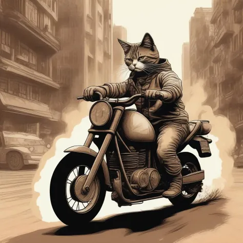 a cat, sandpainting style, driving a souped up motorcycle, outdoor, city