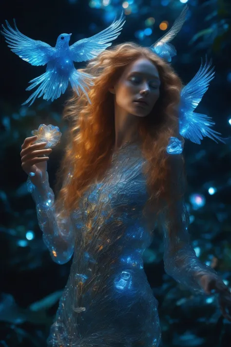 a woman with long red hair holding a glass ball in her hand and two blue birds on her shoulder, in front of a christmas tree with lights, David LaChapelle, elden ring, a hologram, fantasy art