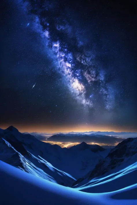 Galaxy night sky behind snow mountain silhouette at night, meteor shower,
(masterpiece:1.4), (photorealistic:1.5), 8K resolution, (extremely intricate:1.4), (exquisitely detailed:1.2), (dimmer lighting:1.2),