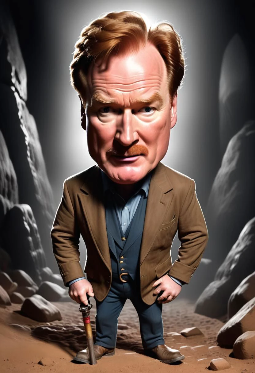 half-body Caricature of Conan O'Brien starring in a movie about A group of explorers uncovering an underground chamber, torches aglow. <lora:Caricature_XL:0.75>, a look of severe determination , (Professional award winning sketch on paper :1.3)
