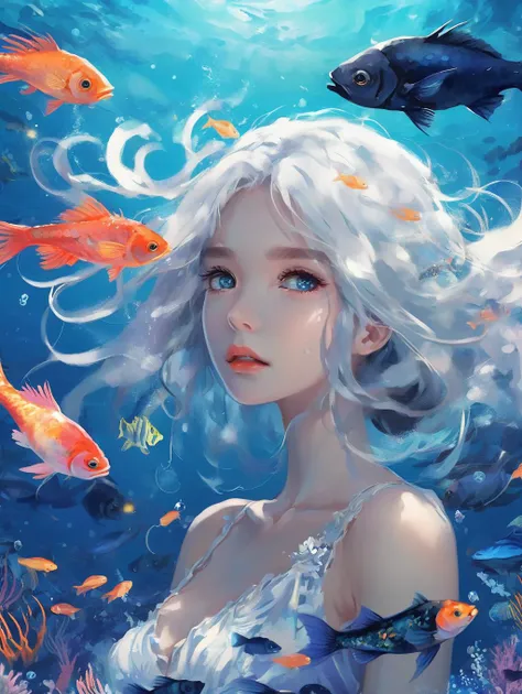 Pigment style,1girl,solo,extremely detailed eyes and face,sky, ripples, leaf, cloud, looking at viewer, very long hair, white hair, white dress,aqua eyes, portrait,
(blue and navy color tone:1.3),fish filling up the ocean, millions of fish, a girl swimming in the deep ocean surrounded by fish, (fish), deep black ocean,under the sea,(floating colorful sparkles:1), the most beautiful form of chaos, elegant, a brutalist designed, vivid colours, romanticism,
<lora:Pigment_style-000016:0.7>