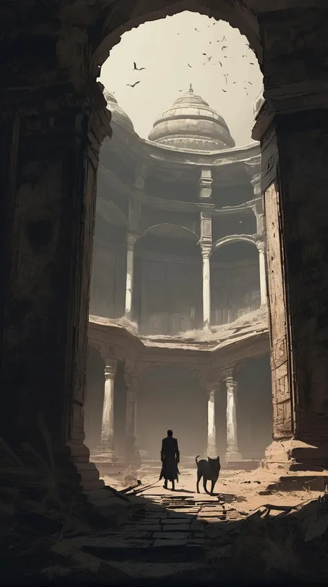 concept art A scene steeped in the uncanny ambiance of Tarkovsky's Stalker. A lone wanderer cautiously stepping through the skeletal remnants of an old, dilapidated ancient palace in India, their path illuminated only by the pallid light of a dying moon. The echoing sound of their footsteps is the only disruption in the unsettling stillness . digital artwork, illustrative, painterly, matte painting, highly detailed