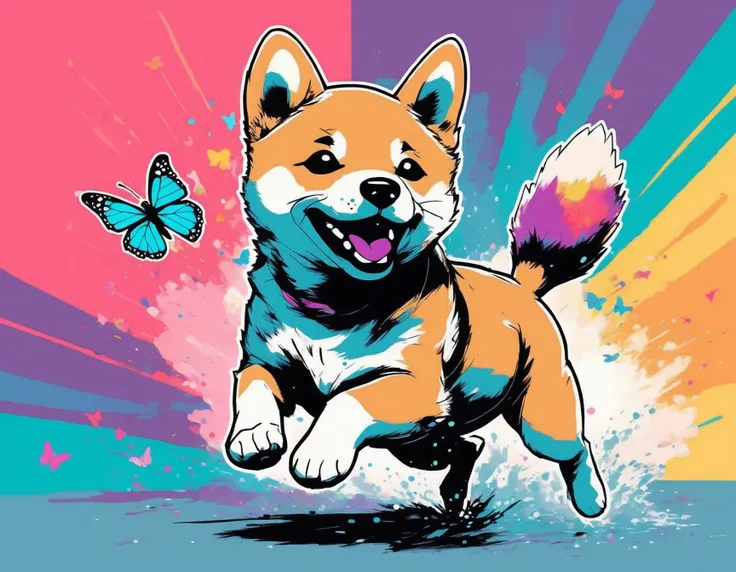 inkpunk illustration style of a Shiba Inu puppy chasing a butterfly with a splash of rainbow color behind it <lora:IPXL_v1:0.5>