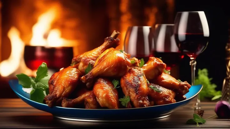 ((Exquisite)), ((Spectacular)), ((Elegant)), ((Extraordinary)), ((Breathtaking)), ((4K)), Aerial view of a branded wine bottle in the fore ground with its neck utterfly knotted with blue colour silk ribbon, Four antique wine glasses in a straight row near by, behind is the hot food, Honey Garlic Wings, Chicken Wings, Hot Wings, dark background, the dry ice is scattered around, the smoke from the dry ice is creating an aroma, photograph, Image, Picture, Snapshot, nostalgic lighting, Old-fashioned light, Antique glow, Retro lighting, f/3.2, Sharpness across the frame, Good depth of field, Optimal aperture