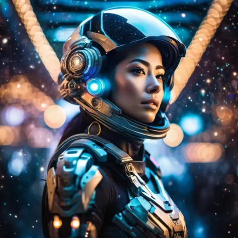 an award winning photograph of a beautiful woman, halo, intricate cyberpunk robot, highly detailed, soft bokeh Deep space nebula background, art by mooncryptowow and popular science