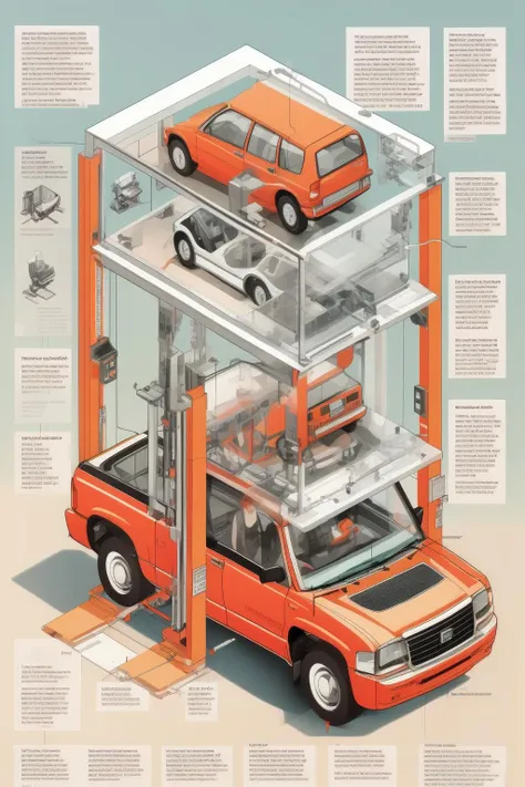 <lora:Isometric Cutaway:1>,Isometric Cutaway - An Image illustrating the instructions for the installation of lift vehicles. The background shows the lift vehicle installation scene, accompanied by illustrations or pictures that demonstrate the correct installation steps. The accompanying text instructions are presented in a clear and understandable manner, helping users to easily complete the installation of the lift vehicle.