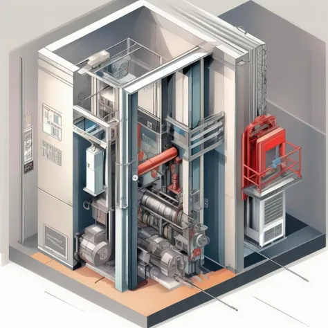 <lora:Isometric Cutaway:1>,Isometric Cutaway ,It explains how the structure of the elevator machine room is and how it is installed