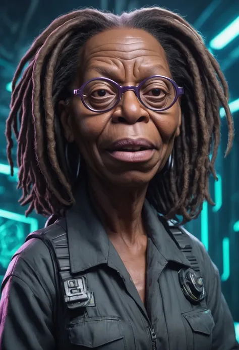 half-body Caricature of Whoopi Goldberg starring in a movie about Two botanists cataloging new species in a rainforest canopy. <lora:Caricature_XL:0.75>, confused, looking around scared , (futuristic Neon cyberpunk synthwave cybernetic :1.3)