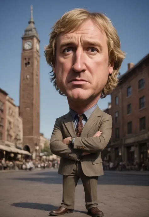 full body Caricature of Owen Wilson starring in a movie about A couple sharing a stolen moment in a clock tower overlooking a city square. <lora:Caricature_XL:0.75>, defiant, challenging stare, arms crossed , (Ektachrome, Romantic, Realism, flat lighting, gilded technique, DOF, bokeh :1.3)