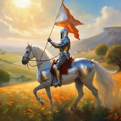 ethereal fantasy concept art of a knight in full plate armor, close helmet, raising a flag, blank white flag of surrender, daytime, sun shining, medieval countryside, beautiful, masterpiece, high quality, stunning . magnificent, celestial, ethereal, painterly, epic, majestic, magical, fantasy art, cover art, dreamy