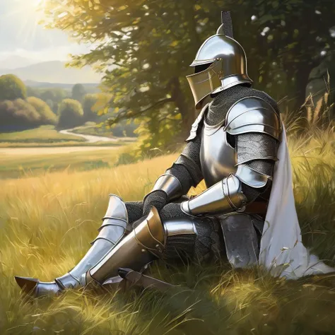a knight in full plate armor, close helmet, sitting down in the grass, holding a small white flag, daytime, sun shining, medieval countryside, beautiful, masterpiece, high quality, stunning