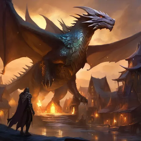 ethereal fantasy concept art of A humanoid dragonborn, dark scales, leather wings, slight hint of white around the face, in a ravaged dragonborn village, at night . magnificent, celestial, ethereal, painterly, epic, majestic, magical, fantasy art, cover art, dreamy