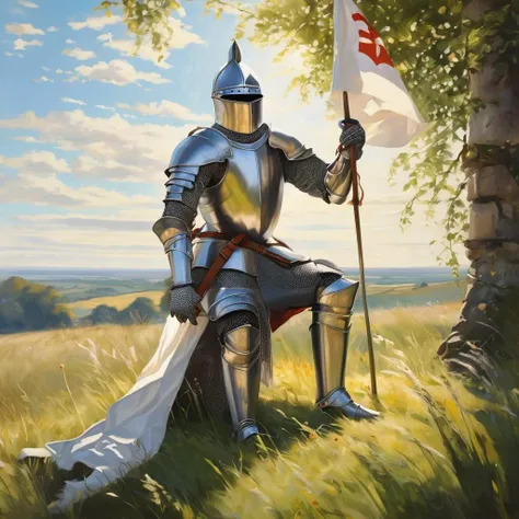a knight in full plate armor, close helmet, sitting down in the grass, lifting his arm up, holding a white flag in one hand, daytime, sun shining, medieval countryside, beautiful, masterpiece, high quality, stunning