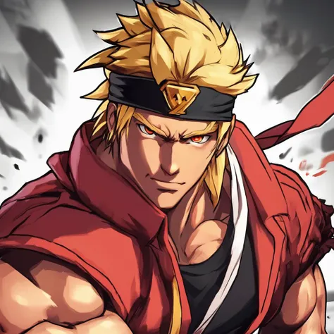 Fighting game style masterpiece, best quality, 1boy, portrait, close up, upper body, Ken Masters, blonde hair, muscular, headband, toned male, walking, urban, walking towards viewer, smirk, manly, handsome, strong . Dynamic, vibrant, action-packed, detailed character design, reminiscent of fighting video games
