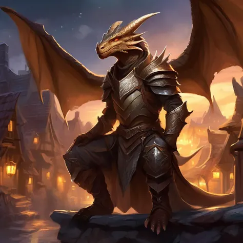 ethereal fantasy concept art of A humanoid dragonborn, dark scales, leather wings, slight hint of white around the face, in a ravaged dragonborn village, at night . magnificent, celestial, ethereal, painterly, epic, majestic, magical, fantasy art, cover art, dreamy