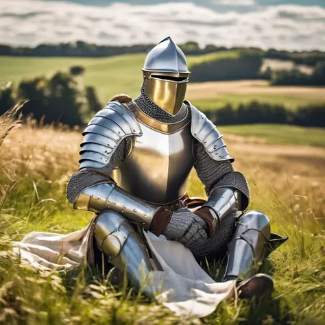 a knight in full plate armor, close helmet, sitting down in the grass, holding a small white flag, daytime, sun shining, medieval countryside, beautiful, masterpiece, high quality, stunning