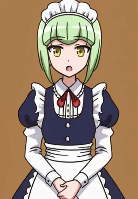 <lora:Francesca:0.8>, Francesca, 1girl, solo, looking at viewer, open mouth, bangs, long sleeves, ribbon, puffy sleeves, :o, apron, maid, maid headdress, neck ribbon, maid apron, v arms
