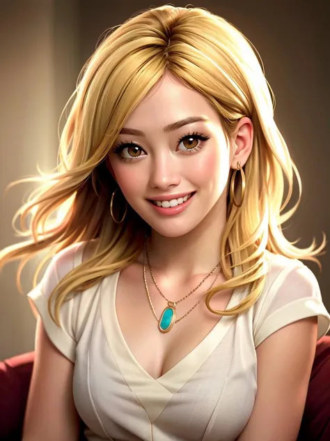 Realistic photo of a beautiful h1l4ryd woman, 1girl, solo, long hair, looking at viewer, smile, blonde hair, brown eyes, jewelry, upper body, teeth, necklace, grin, blurry, lips, blurry background, realistic, soft lighting, professional Photography, Photorealistic, detailed, RAW, analog, sharp focus, 8k, HD, high quality, masterpiece<lora:h1l4ryd:1.0>