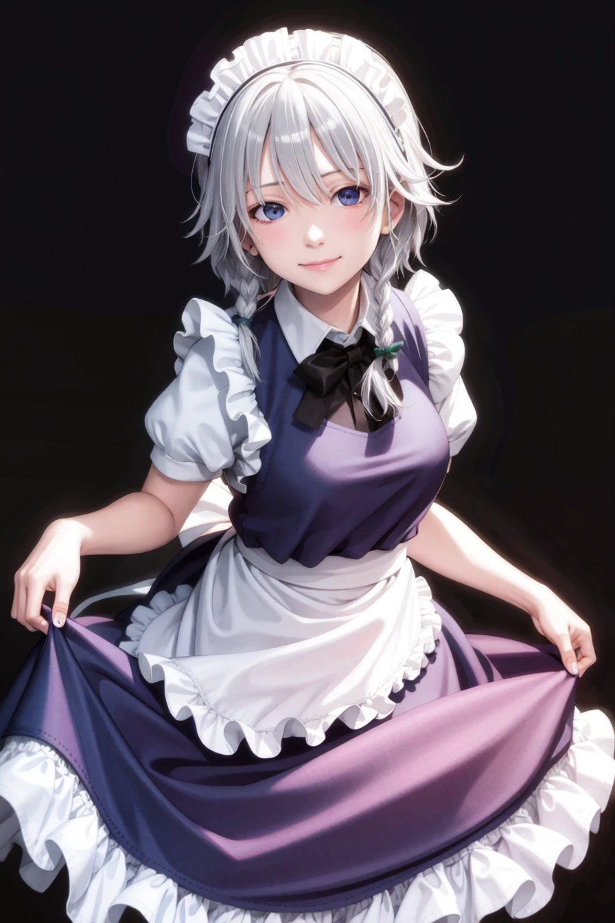 masterpiece, best quality,1girl, izayoi sakuya, solo, maid headdress, blue eyes, braid, apron, grey hair, twin braids, maid, smile, short sleeves, looking at viewer, dress, puffy short sleeves, puffy sleeves, bow, frills, blue dress,(kbxll:0)