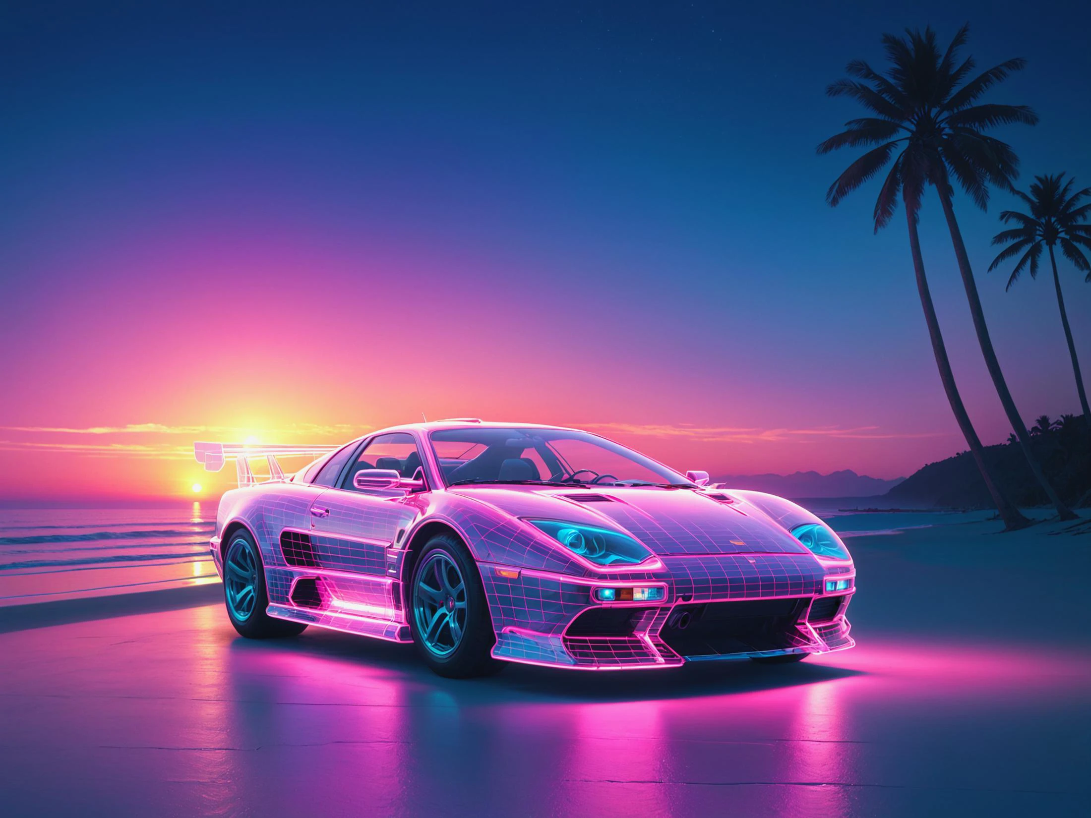 mad-vprwv man in front of a sportscar at the beach, sun at the neon horizon, 1980, neon, grid, vaporwave <lora:Neon_Cyberpunk_Vaporwave_SDXL:0.8>, (masterpiece:1.2), best quality