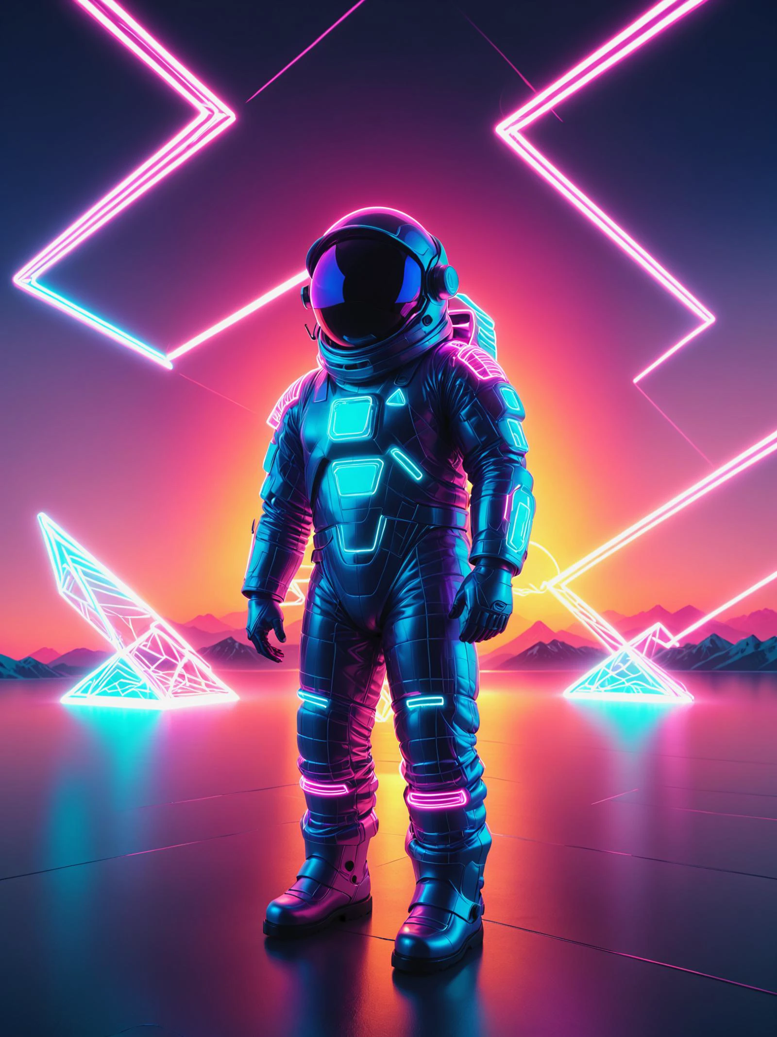 mad-vprwv astronaut floating space, sunset, neon, grid on spacesuit, geometric shapes, outline, vaporwave <lora:Neon_Cyberpunk_Vaporwave_SDXL:1.2>, (masterpiece:1.2), best quality
