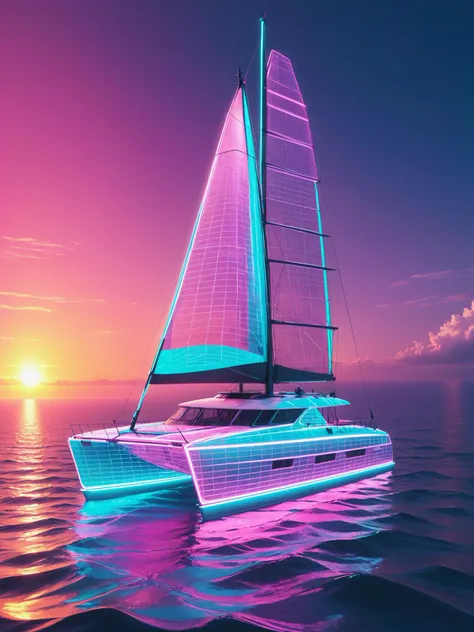 mad-vprwv catamaran on a ocean, grid surface, vaporwave  <lora:Neon_Cyberpunk_Vaporwave_SDXL:0.8>, (masterpiece:1.2), best quality