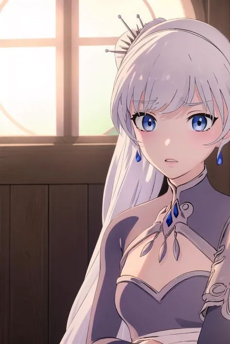 weissschnee, <lora:weissschnee-lora-nochekaiser:1>,
weiss schnee, long hair, blue eyes, hair ornament, ponytail, white hair, side ponytail, scar, tiara, scar on face, scar across eye,
BREAK dress, jewelry, earrings, blue dress,
BREAK indoors,
BREAK looking at viewer, (cowboy shot:1.5),
BREAK <lora:GoodHands-beta2:1>, (masterpiece:1.2), best quality, high resolution, unity 8k wallpaper, (illustration:0.8), (beautiful detailed eyes:1.6), extremely detailed face, perfect lighting, extremely detailed CG, (perfect hands, perfect anatomy),