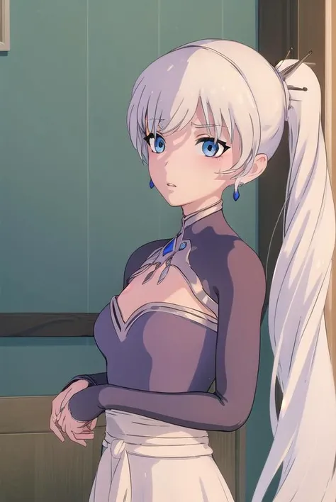 weissschnee, <lora:weissschnee-lora-nochekaiser:1>,
weiss schnee, long hair, blue eyes, hair ornament, ponytail, white hair, side ponytail, scar, tiara, scar on face, scar across eye,
BREAK dress, jewelry, earrings, blue dress,
BREAK indoors,
BREAK looking at viewer, (cowboy shot:1.5),
BREAK <lora:GoodHands-beta2:1>, (masterpiece:1.2), best quality, high resolution, unity 8k wallpaper, (illustration:0.8), (beautiful detailed eyes:1.6), extremely detailed face, perfect lighting, extremely detailed CG, (perfect hands, perfect anatomy),