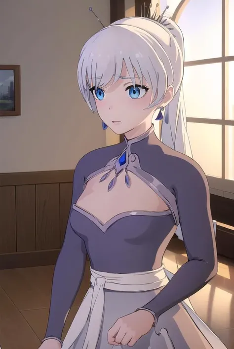weissschnee, <lora:weissschnee-lora-nochekaiser:1>,
weiss schnee, long hair, blue eyes, hair ornament, ponytail, white hair, side ponytail, scar, tiara, scar on face, scar across eye,
BREAK dress, jewelry, earrings, blue dress,
BREAK indoors,
BREAK looking at viewer, (cowboy shot:1.5),
BREAK <lora:GoodHands-beta2:1>, (masterpiece:1.2), best quality, high resolution, unity 8k wallpaper, (illustration:0.8), (beautiful detailed eyes:1.6), extremely detailed face, perfect lighting, extremely detailed CG, (perfect hands, perfect anatomy),