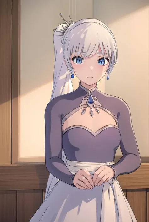 weissschnee, <lora:weissschnee-lora-nochekaiser:1>,
weiss schnee, long hair, blue eyes, hair ornament, ponytail, white hair, side ponytail, scar, tiara, scar on face, scar across eye,
BREAK dress, jewelry, earrings, blue dress,
BREAK indoors,
BREAK looking at viewer, (cowboy shot:1.5),
BREAK <lora:GoodHands-beta2:1>, (masterpiece:1.2), best quality, high resolution, unity 8k wallpaper, (illustration:0.8), (beautiful detailed eyes:1.6), extremely detailed face, perfect lighting, extremely detailed CG, (perfect hands, perfect anatomy),