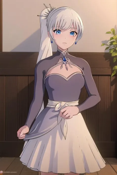 weissschnee, <lora:weissschnee-lora-nochekaiser:1>,
weiss schnee, long hair, blue eyes, hair ornament, ponytail, white hair, side ponytail, scar, tiara, scar on face, scar across eye,
BREAK dress, jewelry, earrings, blue dress,
BREAK indoors,
BREAK looking at viewer, (cowboy shot:1.5),
BREAK <lora:GoodHands-beta2:1>, (masterpiece:1.2), best quality, high resolution, unity 8k wallpaper, (illustration:0.8), (beautiful detailed eyes:1.6), extremely detailed face, perfect lighting, extremely detailed CG, (perfect hands, perfect anatomy),