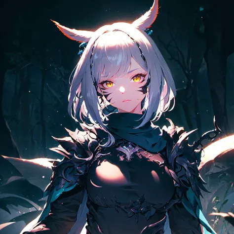 best quality, high resolution, distinct image, concept art, Original Characters, Natural Volumetric Lighting And Best Shadows, Deep Depth Of Field, Sharp Focus, Portrait Of Stunningly Beautiful Young Petite Girl, Soft Delicate Beautiful Attractive Face With Cute Yellow Eyes, Sharp Eyeliner, Shy Expression, Disheveled White Hair, Thick Layered Short Modern Hairstyles, Blush Eyeshadow With Thick Eyelashes, Knight Armor on upper part of the Body, Long Blue Scarf Wrapped Around Neck, (Dark Forest Background:1.15), (Highest Quality, Amazing Details:1.4), Masterpiece, Bloom, Picturesque, Brilliant Colorful Paintings, Whole Body, Black Skirt and Exposed Thighs, (Miqo'te Ears:1.3), (Face Markings:1.3) <lora:last:1.3>