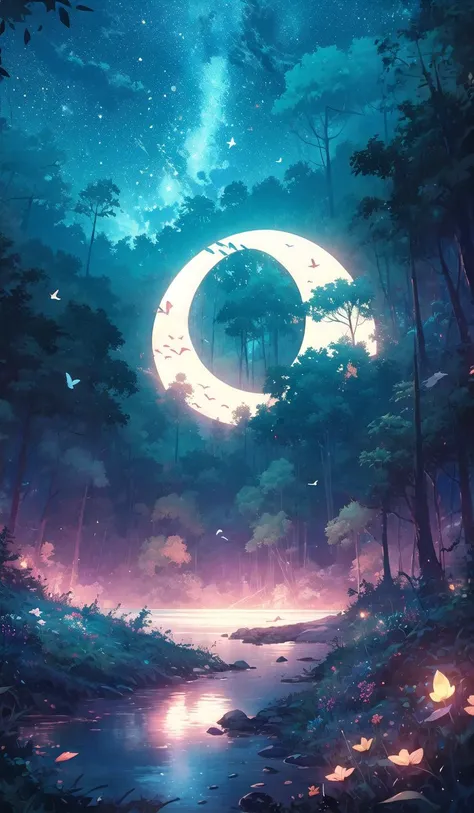 tsukimi, Field drab theme, tree, crescent moon, moon, scenery, sky, night, nature, star (sky), grass, flower, outdoors, forest, starry sky, bird, no humans, glowing<lora:tsukimi-000007:1>