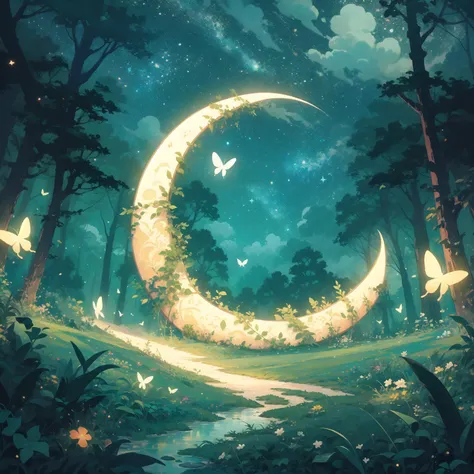 tsukimi, green theme, tree, nature, scenery, crescent moon,  no humans, night, sky, forest, outdoors, grass, star (sky), flower, cloud, bug, night sky, butterfly, starry sky <lora:tsukimi-000007:1>