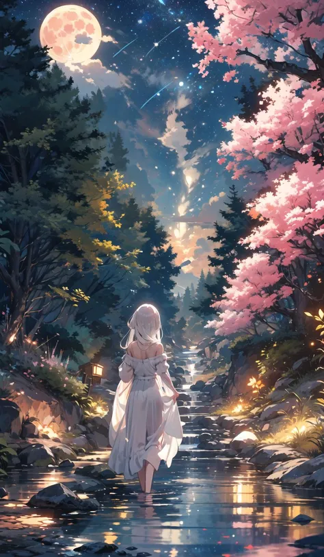 (from_below), (cowboy_shot), (overall_view:1.3), (very_wide_shot:1.3), white_hair, (long_hair), (straight_hair), red_eyes, (from_behind:1.3), (from_above), bare_legs, bare_feet, white_dress, (long_dress:1.3), (wing_lift:1.2), (landscape), 1girl, solo, petite, (night), (starry_sky), galaxy, Tyndall_effect, (wanding:1.2), (submerged), foreground_bushes, trees, tree_shade, stars, (milky_way:1.2), (full_moon:1.2), (galaxy), (cherry_blossom:1.2), (beautiful_detailed_water), wanding, ((masterpiece)), (highres), (best_quality), (highly_detailed), (original),(Delicate background),(extremely detailed 8K wallpaper),cinematic lighting, volume lighting, light particles, shaded_face, beautiful_detailed_eyes, depth_of_field, perspective,<lora:[LoCon] Tsukimi Zake 月見酒 つきみざけ Concept (With Prodigy & block dims version):0.8:lbw=bg>,<lora:[LoRA] Jellyfish forest 水月森 くらげもり Concept (With dropout & noise version):0.5:lbw=bg>