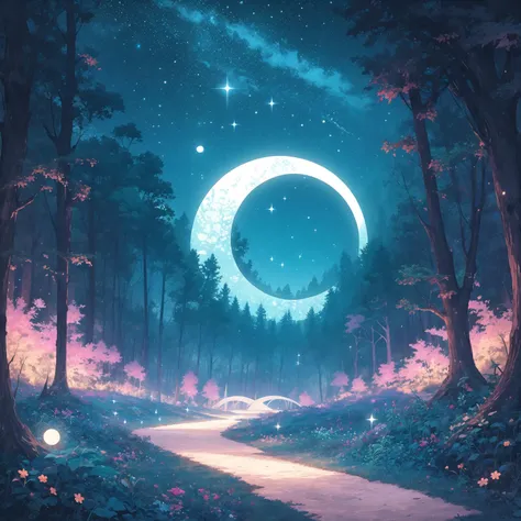 tsukimi, blue theme, tree, scenery, star (sky), moon, sky, outdoors, night, nature, no humans, flower, starry sky, forest, crescent moon, star (symbol), path <lora:tsukimi-000007:1>