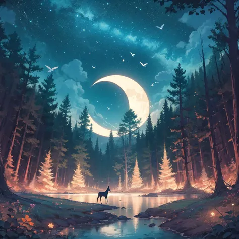 tsukimi, Burnished brown theme, tree, crescent moon, moon, scenery, sky, night, nature, star (sky), grass, flower, outdoors, forest, starry sky, bird, no humans, glowing<lora:tsukimi-000007:1>