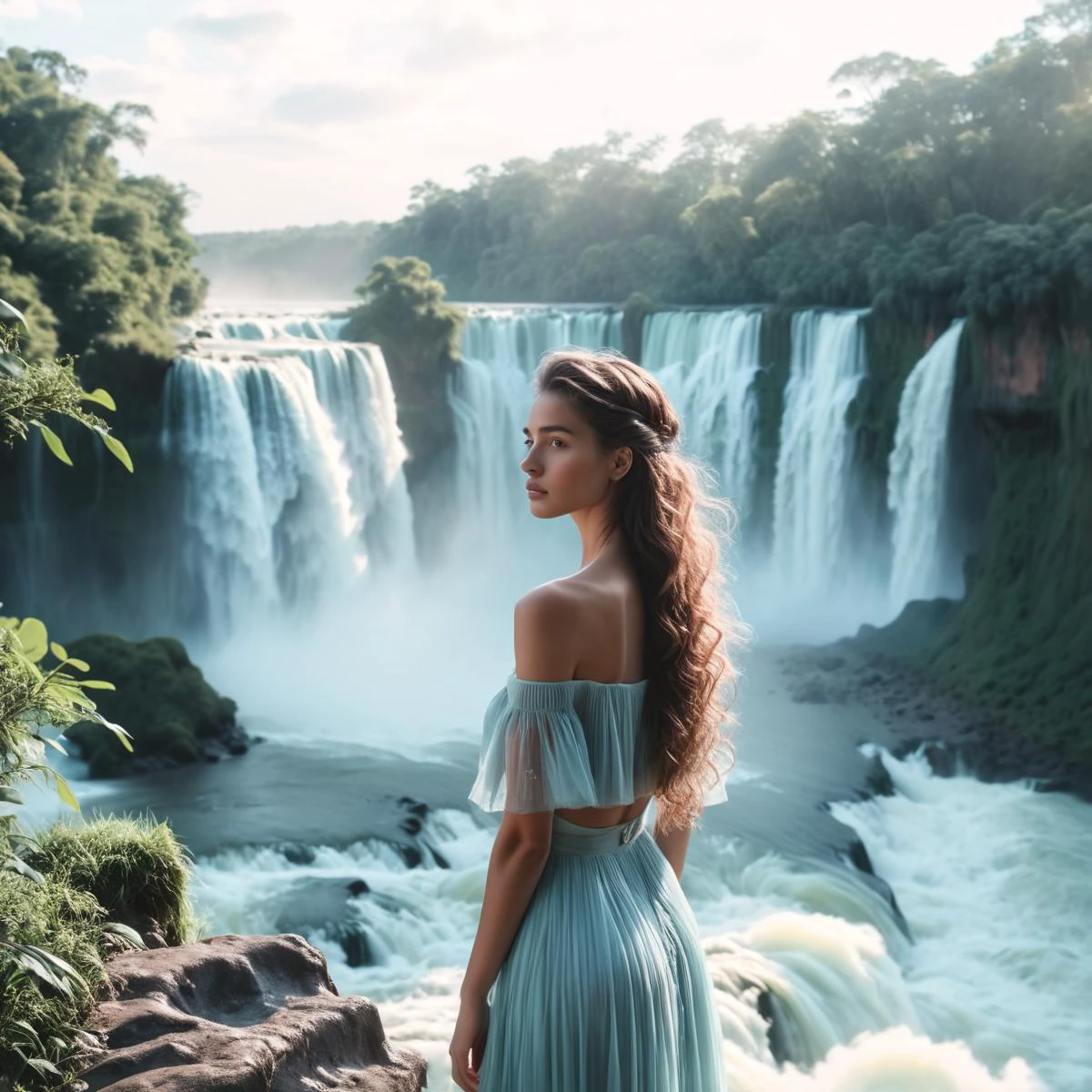 (((By a river with the Iguazu Falls in the background))), Pastel Aesthetic, Soft Glow, 4k Ultra Sharp, Captured on Fujifilm, 120mm photo, Ethereal Focus, Dreamlike Quality, Panoramic, Serene, Whimsical, Delicate, Fine Grain, Smooth Texture, High Key Photography, Gentle Lighting, Nostalgic Feel, Enchanting Atmosphere, Highlighting Delicacy, Creating Whimsy, Evoking Innocence, Visual Storytelling, Artistic Technique, Soft Lighting, Delicate Concept, Romantic Styling, Dreamlike Visual, Magical Story, Intricate Pastel Detail, Fantasy Landscape, Editorial Narrative, Artistic Lighting, Visual Elegance, Emotional Resonance, Artistic Innovation <lora:add-detail-xl:2> <lora:Cosine_freck:1>