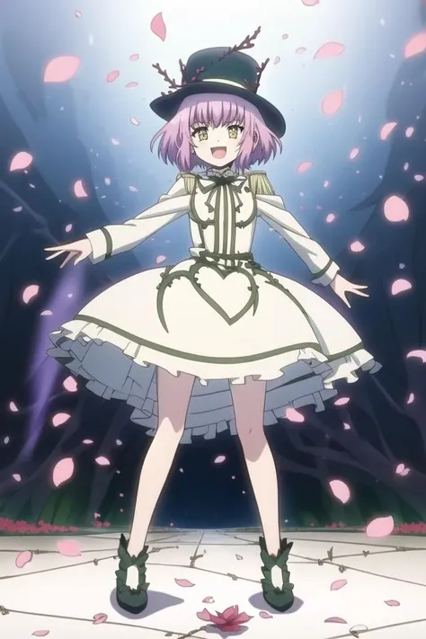 1girl, ((cinematic light)), (colorful:1.2), hyper detail, dramatic light, intricate details, (best quality:1.2), highly detailed,Anime, Moe, illustration, (wallpaper, masterpiece, best quality, ultra-detailed, best shadow), (detailed background:1.4), (beautiful detailed face, beautiful detailed eyes), high contrast, (best illumination, an extremely delicate and beautiful),
(full body:1.2),thorns, urara_1, lilac hair, ringed eyes, short hair, yellow eyes,parade dress uniform,happy, falling petals, top hat,
<lora:Urara Haneyama :0.85> ,  <lyco:Reversed:0.9>