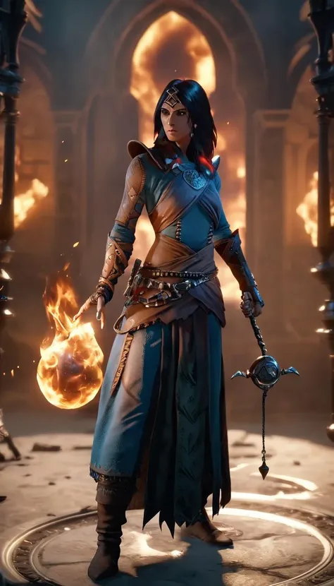 cinematic photo Cinematic scene, hero view, d4s sorceress, action pose, detailed background, masterpiece, best quality, high quality, absurdres <lora:diablo_4_sorceress_xl_v3:1> . 35mm photograph, film, bokeh, professional, 4k, highly detailed