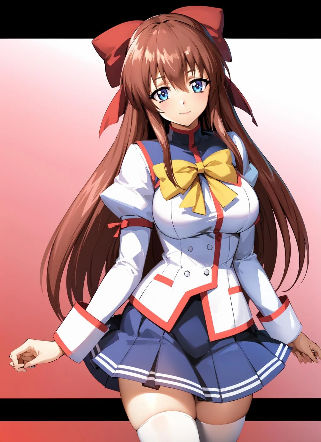 aoikan, 1girl, solo, hair bow, school uniform, long sleeves, bowtie, blue skirt, white thighhighs, looking at viewer, smile, abstract background, cowboy shot, <lora:aoikan_V7-10:0.8> <lora:Envybetterhandslocon_Beta2:1>