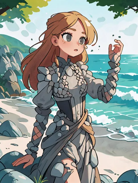 a woman in armor standing on a beach next to the ocean