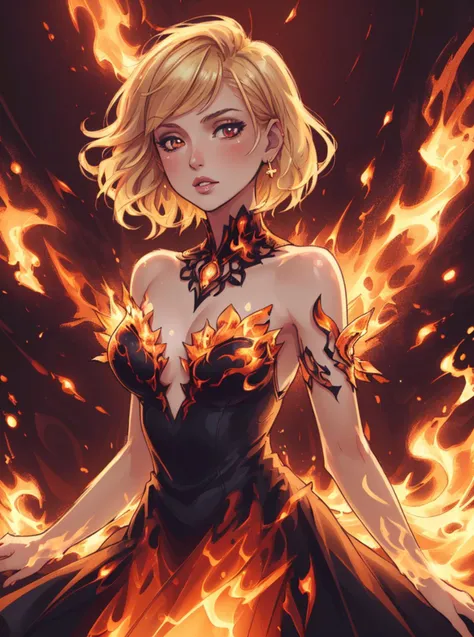 illustartion,digital art,1girl, short straight blond hair, posing, short dress made of fire and flame, complex shop background, 
<lora:FireFashion70:0.6> FireFashion,8k uhd, high quality, (intricate details:0.9), (hdr, hyperdetailed:1.2),[cory loftis, strobist, pascal campion::0.2]