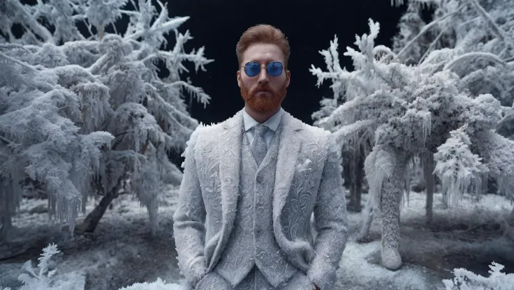 there is a man in a suit and sunglasses standing in a snowy forest